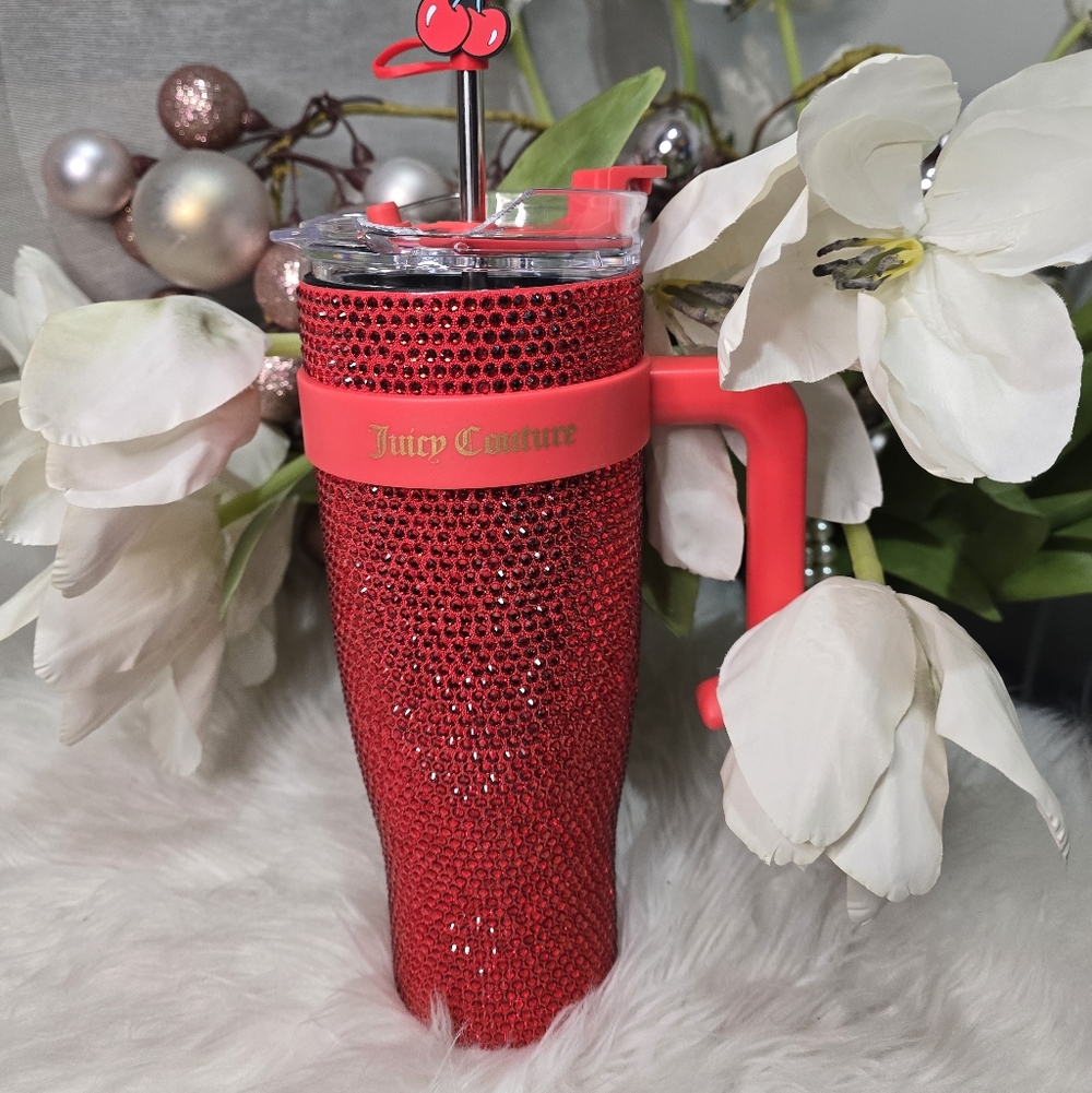 Juicy Couture 40oz  Red Rhinestones Tumbler With Cherry Straw Lid new